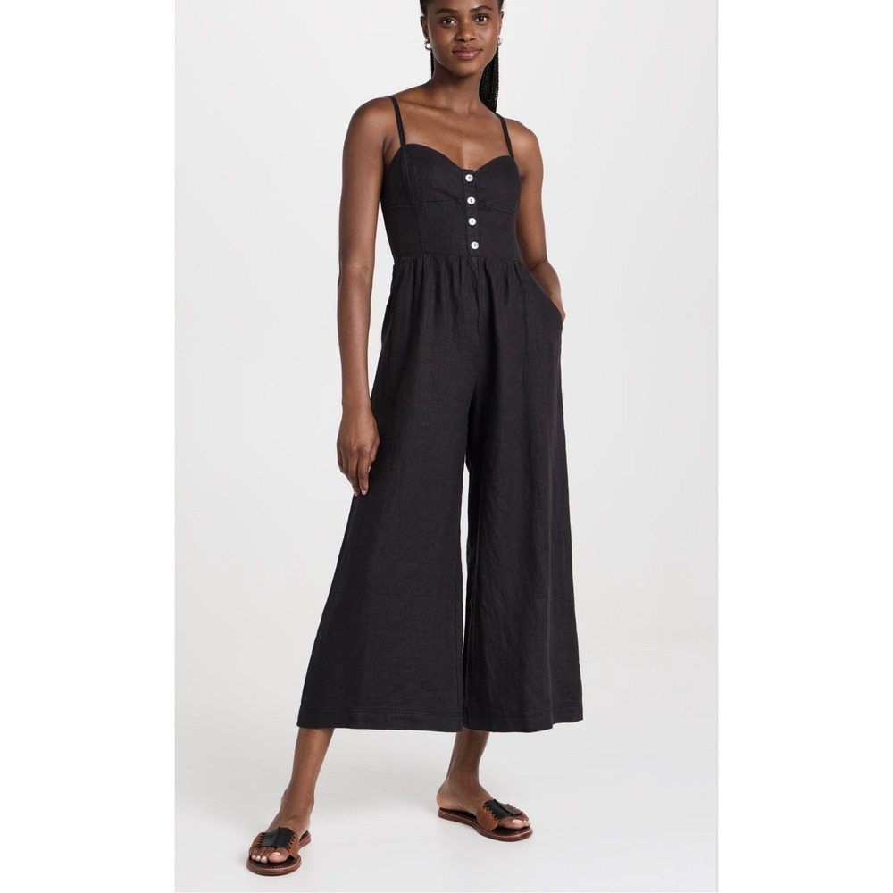 Madewell 100%‎ Linen Black Button Front Wide Leg Jumpsuit Women's 2
